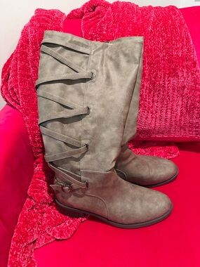 Women's Taupe Wide Calf Knee-High Buckle & Lace Detail Boots